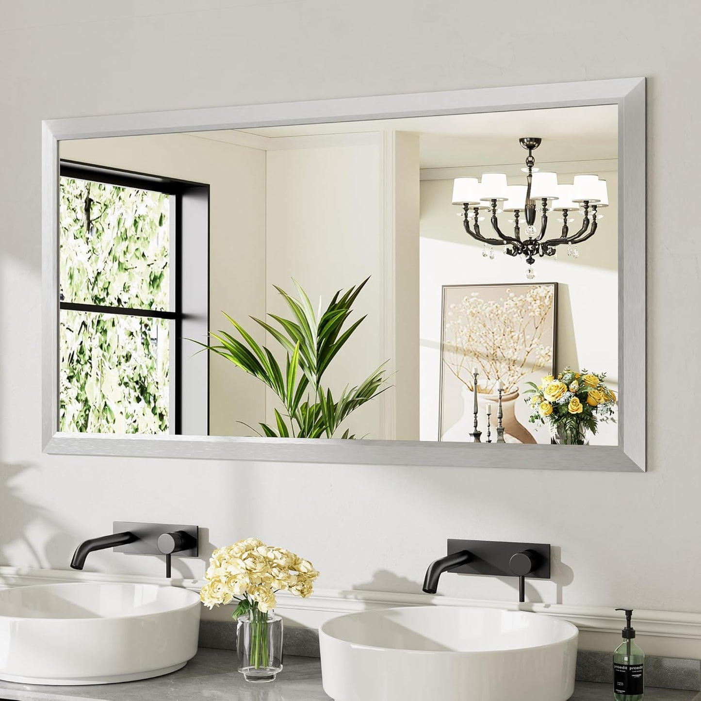 55x30 Inch Brushed Nickel Bathroom Mirror for Wall, Thick Metal Framed Rectangle Mirrors for Over Sink, Bedroom, Living Room, Entryway, Anti-Rust, HD Tempered Glass