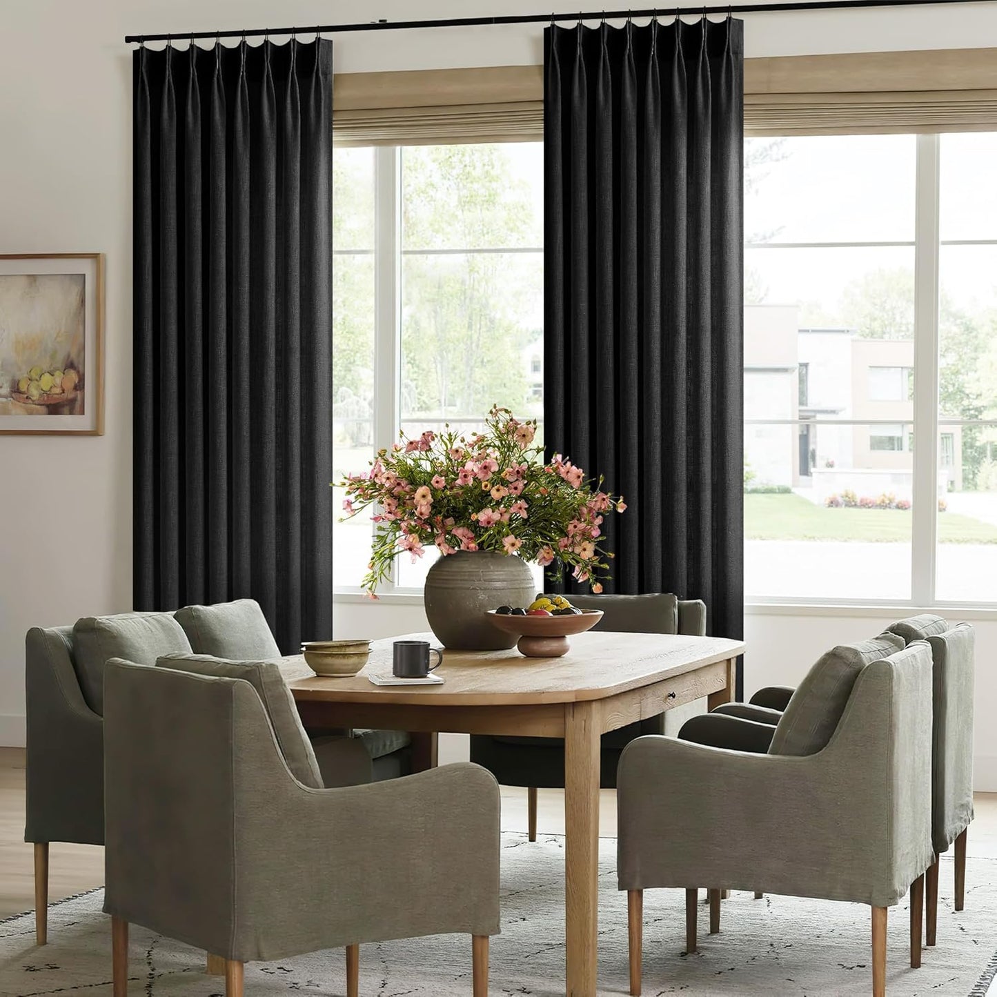 Black Linen Semi Sheer Curtains 96 Inches Long for Living Room Bedroom Light Filtering Black Textured Burlap Pinch Pleated Curtains 96 Length Hooks Rings Back Tab for Sliding Glass Door 1 Panel
