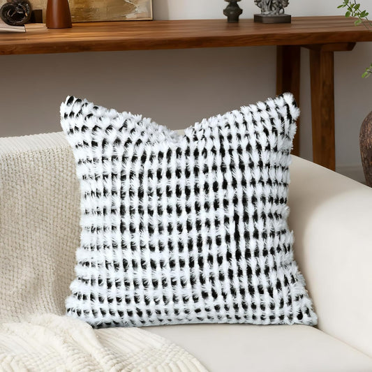Boho Chenille Tufted Pillow Cover 20x20 Inch Set of 1, Farmhouse Striped Decorative Pillow Covers Accent Fluffy Neutral Square Pillowcases for Couch Sofa Bedroom Living Room, Black White