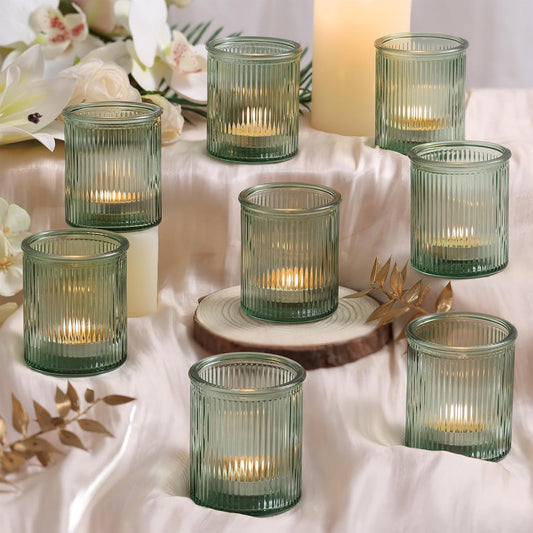 8Pcs Ribbed Green Votive Candle Holders, Tea Light Candle Holder Glass, Green Candle Holders for Table Centerpiece, Wedding, Bridal Shower and Tea Party Decorations