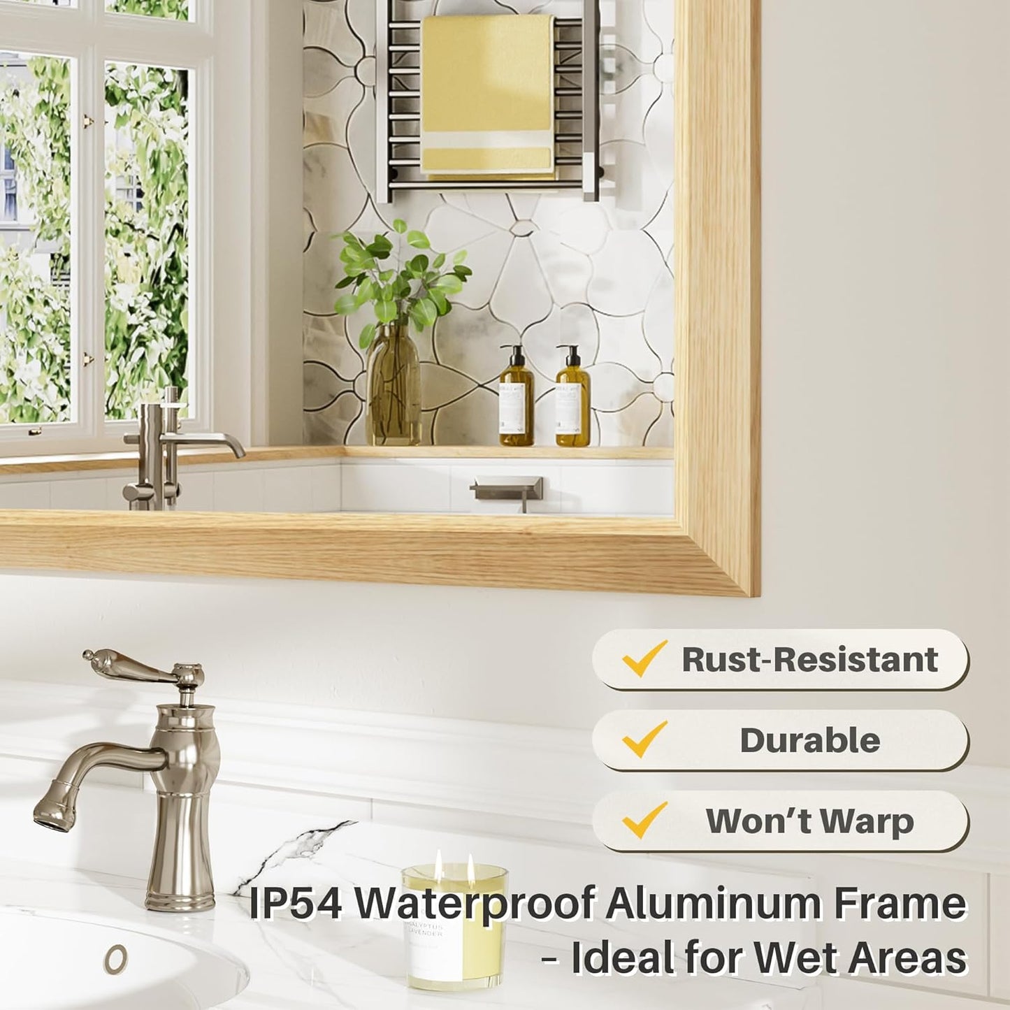 55x36 Inch Bathroom Mirror for Wall, Anti-Rust Oak Wood Grain Metal Framed Bathroom Mirrors for Over Sink,Rectangler Mirrors for Bathroom Vanity, Farmhouse, Bedroom, Living Room, Entryway Decor