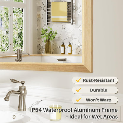 55x36 Inch Bathroom Mirror for Wall, Anti-Rust Oak Wood Grain Metal Framed Bathroom Mirrors for Over Sink,Rectangler Mirrors for Bathroom Vanity, Farmhouse, Bedroom, Living Room, Entryway Decor