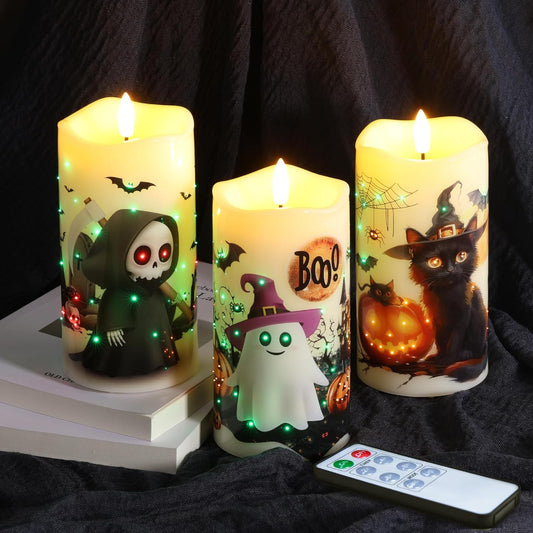 Eywamage Fiber Optic Halloween Flameless Candles with Remote, Flickering Battery Operated LED Pillar Candles Set of 3