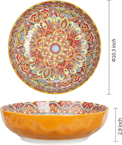75 Oz Serving Bowls,Bohemian Style Large Porcelain Dishes for Entertaining Parties,Big Bowls for Eating Soup, Salad, Pasta, Fruit, Chips, 10.3 Inch Diameter (orange)