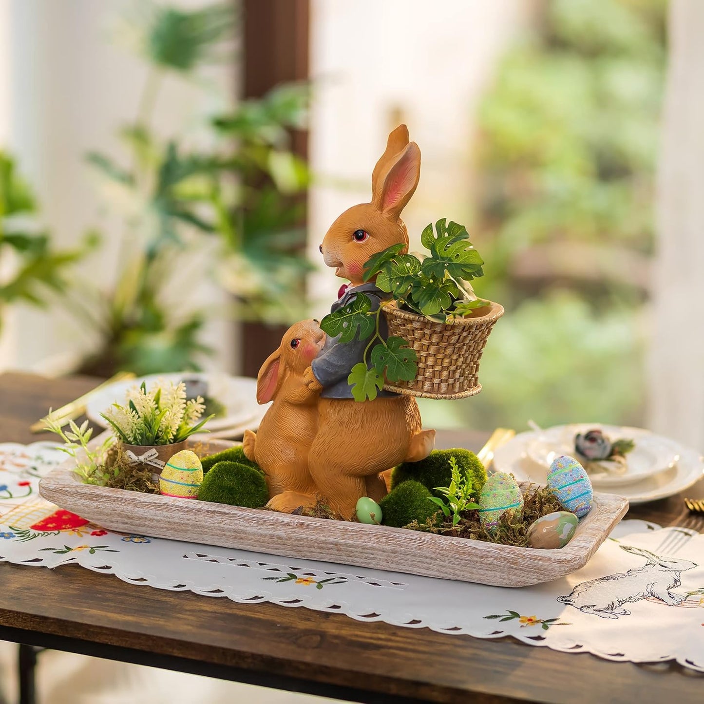 Hanobe Decorative Wood Dough Bowl: Large Long Wooden Bowl for Entry Way Table Home Decor - Coffee Table Decor for Living Room - Dining Table Centerpiece Decor, White