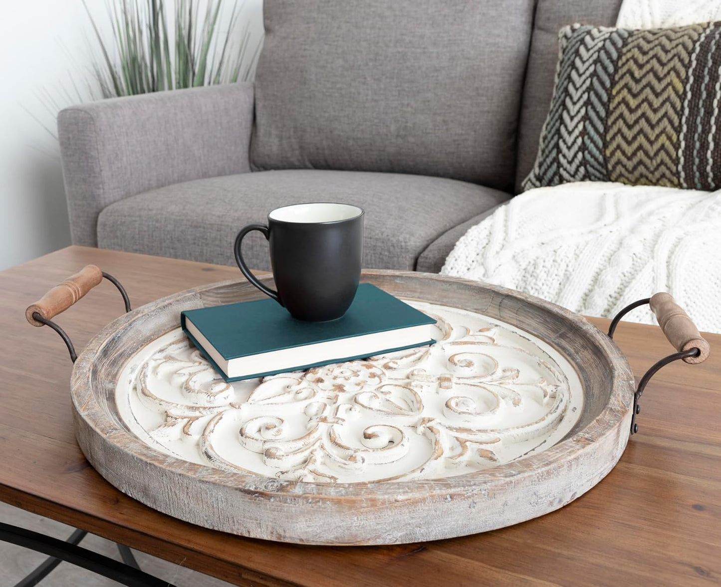 Kate and Laurel Hillrose Round Wooden Tray, 18 inch Diameter, Rustic Brown and White, Decorative Tray for Serving, Display, and Storage