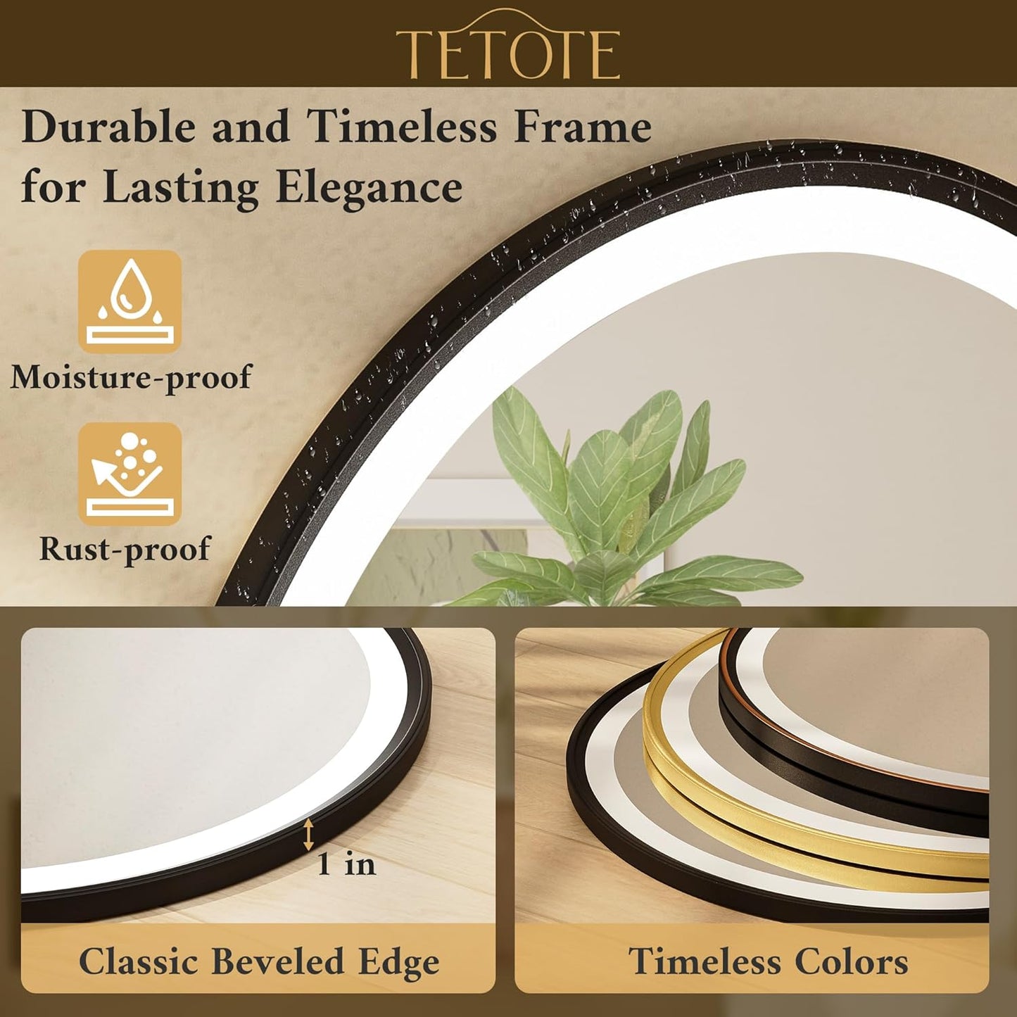 TETOTE Round Led Lighted Bathroom Mirror Matte Black Frame 24 Inch Front and Backlit Circle Round Light up Vanity Mirror with Lights, 3 Color Illuminated Dimmable Anti Fog Wall Mount, IP54 CRI 90+