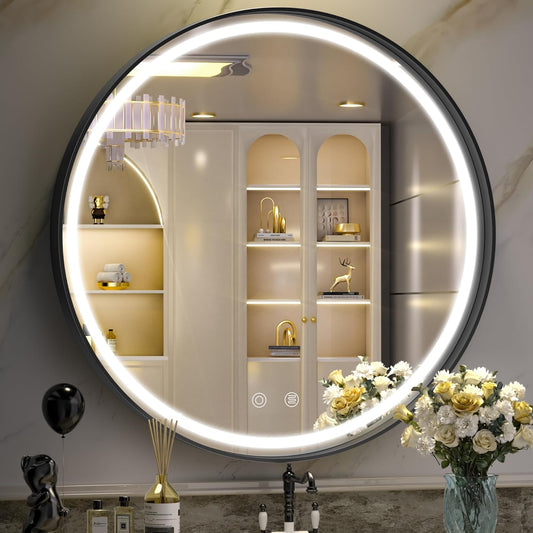 Hasipu 28 Inch Round LED Mirror for Bathroom with Lights, Black Circle Vanity Mirror for Wall, Metal Framed Frontlit Bathroom Mirrors Anti-Fog, Dimmable, 3 Colors Makeup Mirror Wall Mounted