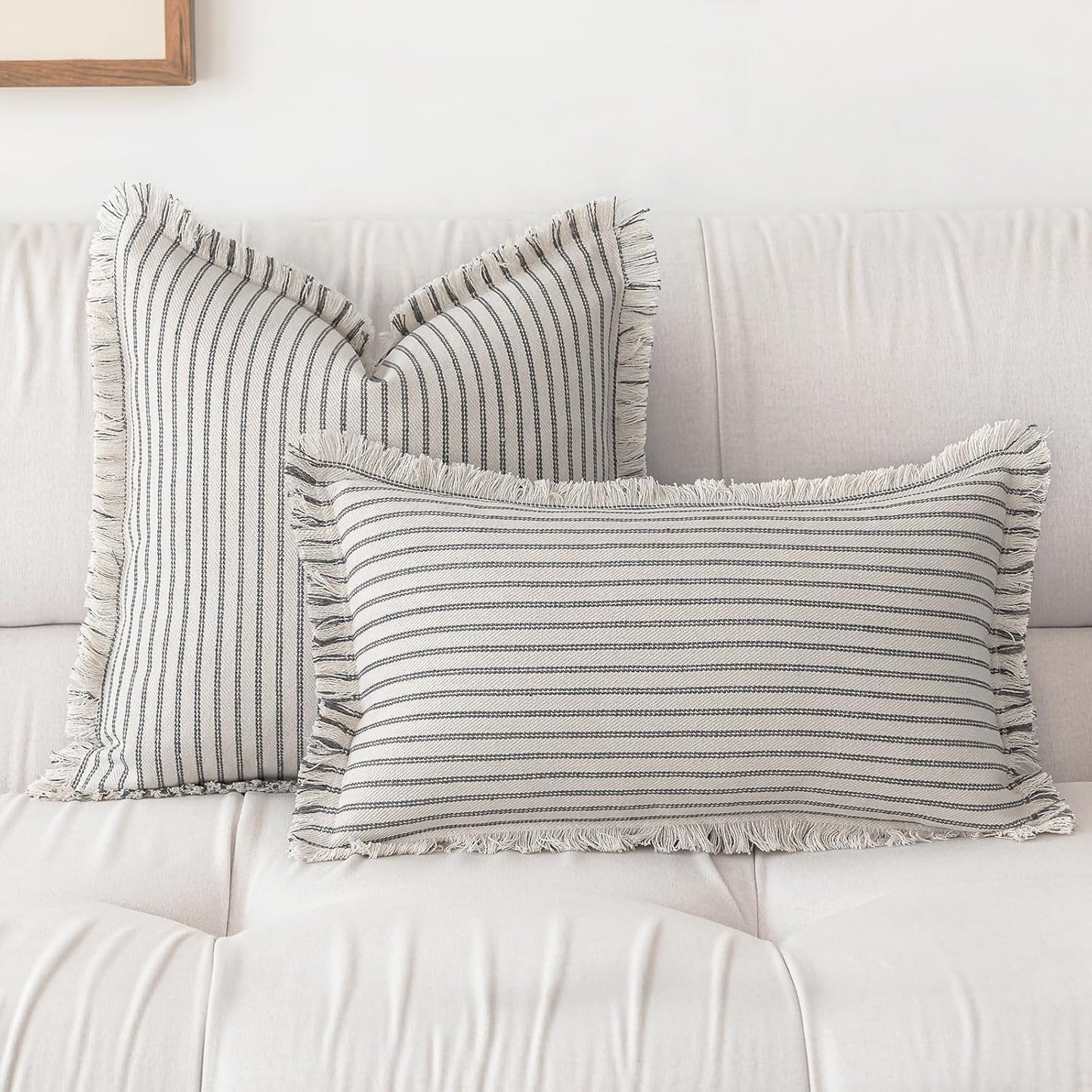 Throw Pillow Covers 12x20 Set of 2 Striped Fringe Pillow Cover Farmhouse Cushion Covers with Tassel Neutral Boho Pillows Decorative Square Pillowcase for Couch Sofa Bed, Grey