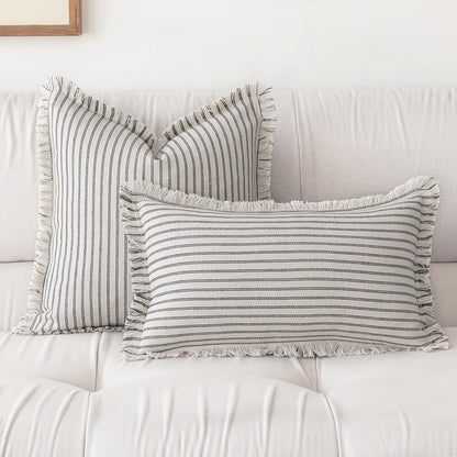 Throw Pillow Covers 16x16 Set of 2 Striped Fringe Pillow Cover Farmhouse Cushion Covers with Tassel Neutral Boho Pillows Decorative Square Pillowcase for Couch Sofa Bed, Grey