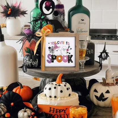 Too Cute To Spook Sign, 6 Inch Wooden Halloween Funny Cute Pink Ghost Decorative Signage Office Decor, Indoor Table Wall Art Shelf Desk Tiered Tray Rustic Farmhouse Home Decorations