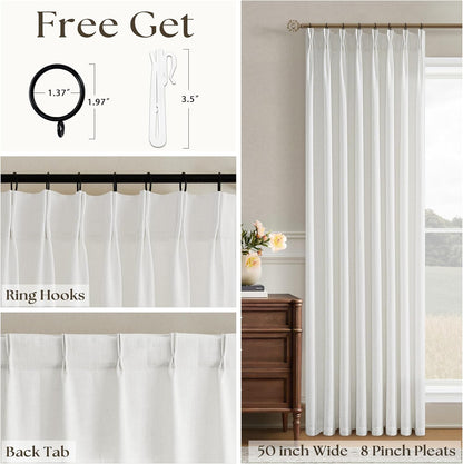 Pinch Pleated Linen Curtains 84 Inch Length for Living Room Bedroom Textured Ivory Birch Semi Sheer Boho Neutral Back Tab Pinch Pleat Hooks Rings Window Curtain 84 Inches Long 1 Panel Beige White