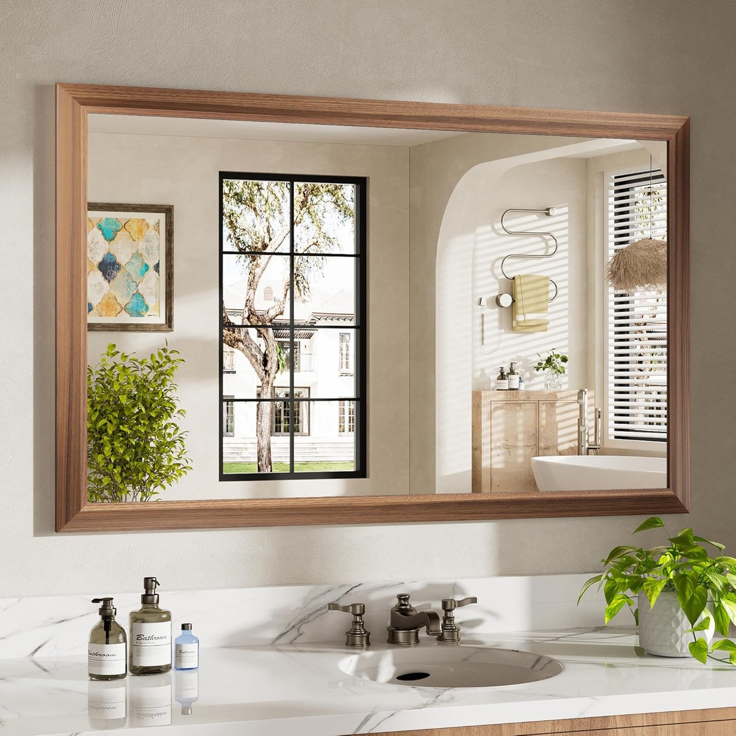 48x30 Inch Bathroom Mirror for Wall, Anti-Rust Walnut Wood Grain Metal Framed Bathroom Mirrors for Over Sink,Rectangler Mirrors for Bathroom Vanity, Farmhouse, Bedroom, Living Room, Entryway Decor