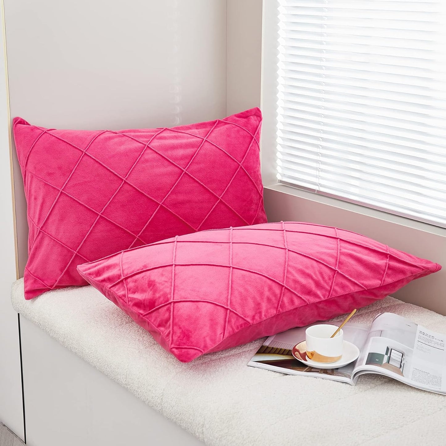 JAUXIO Diamond Pinch Pleated Crystal Velvet Pillowcases 2 Pack Solid Pintuck Throw Cushion Cover for Home Decor Hidden Zipper Closure (Hot Pink, King)