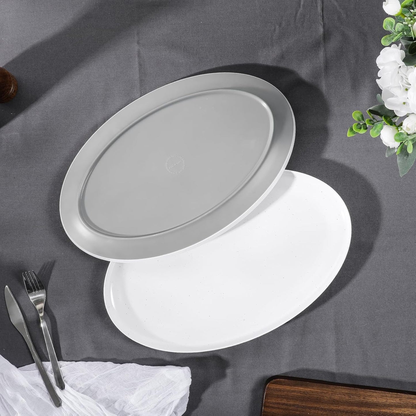 Webbylee ‌16" Melamine Oval Platter Set of 2 - Lightweight Durable Serving Tray for Party, Catering & Home | Dishwasher Safe, Fits Turkey/Charcuterie-White & Grey