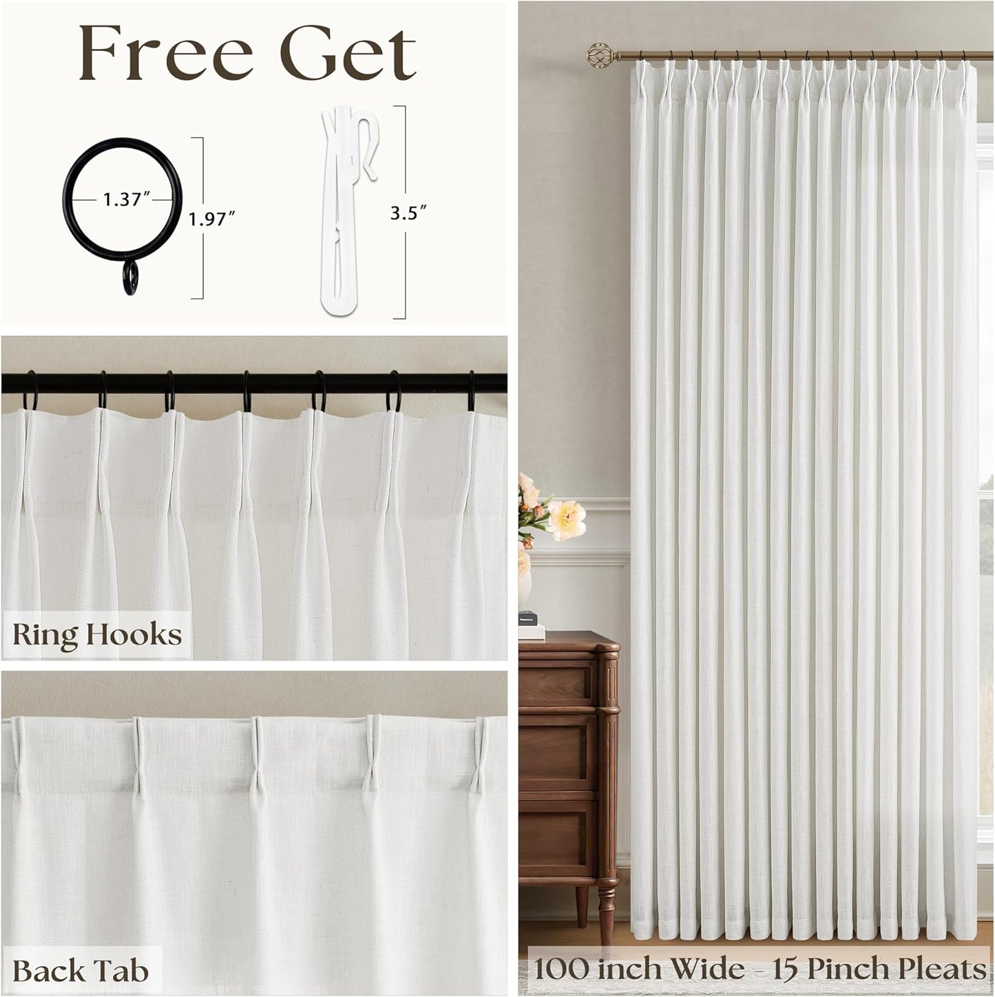 Beige White 100 Inch Wide Curtains 96 Inches Long for Living Room Light Filtering Semi Sheer Farmhouse Pleated Curtain with Hooks Rings for Patio Sliding Door Dining Room Large Window 1 Panel 100x96