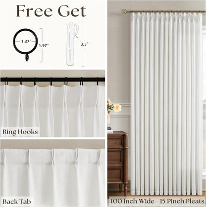 Beige White 100 Inch Wide Curtains 96 Inches Long for Living Room Light Filtering Semi Sheer Farmhouse Pleated Curtain with Hooks Rings for Patio Sliding Door Dining Room Large Window 1 Panel 100x96