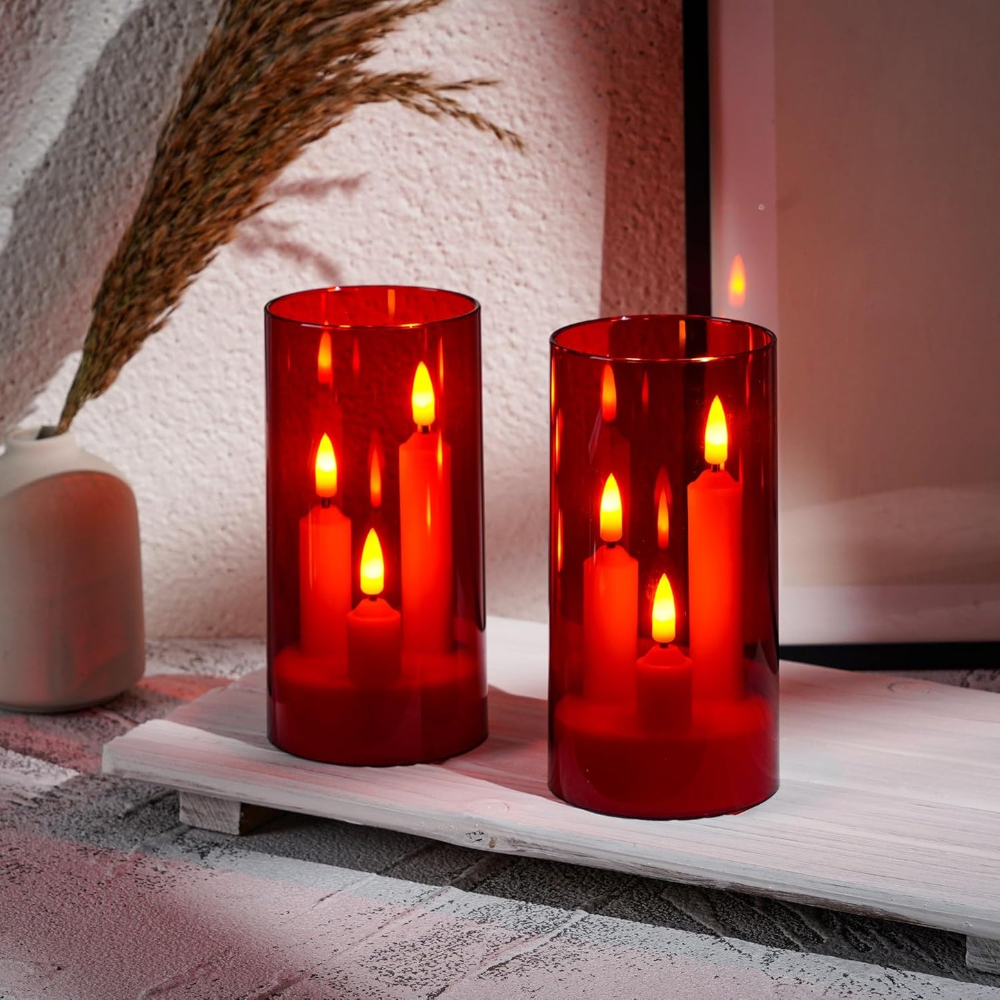 Da by Flameless Candle, Battery-Powered Candle with Remote Control and Timer, LED Three-Wick Pillar Candle, Romantic Wedding, Perfect Home Décor, 2 Pack (Red)