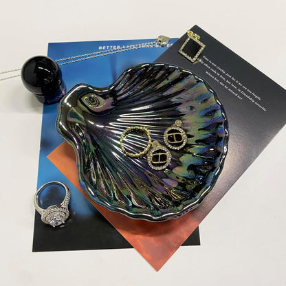 Shell Jewelry Dish Tray, Ceramic Trinket Tray Clamshell Jewelry Storage Dish, Ring Holder Dish Key Bowl, Decorative Jewelry Plate, Cute Jewelry Organizer for Room Decor (Multicolor Black)