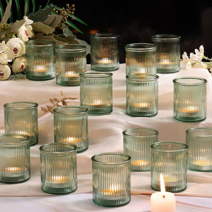 32Pcs Ribbed Green Votive Candle Holders, Tea Light Candle Holders Glass for Table Centerpiece, Green Candle Holders for Wedding, Bridal Shower and Tea Party Decorations