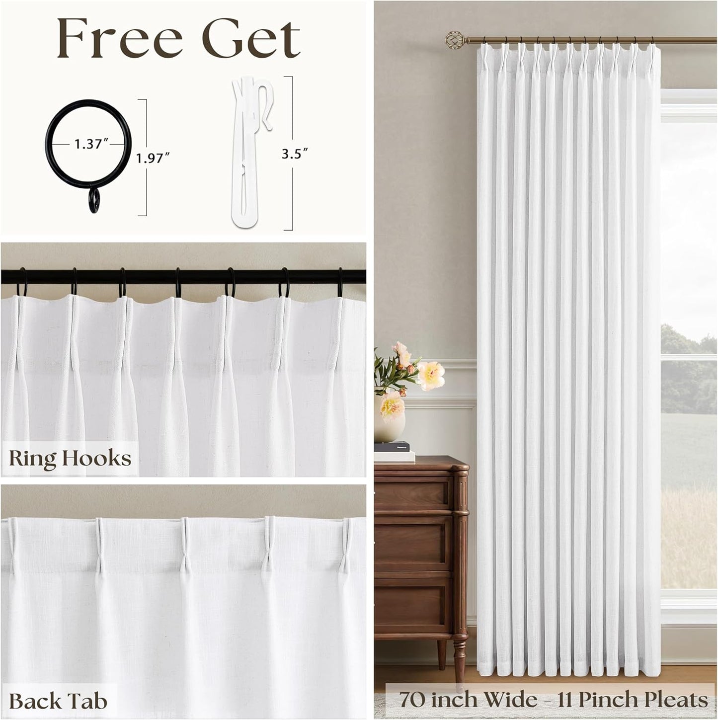 Extra Wide White Linen Curtain 96 Inches Long 70 Inch Wide for Living Dining Room Semi Sheer Pinch Pleated Drapes Patio Sliding Glass Door Hooks Rings Non See Through Privacy Curtain 70x96 1 Panel