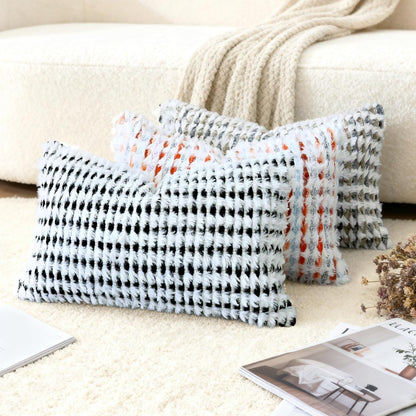 Boho Chenille Tufted Pillow Cover 12x20 Inch Set of 1, Farmhouse Striped Decorative Pillow Covers Accent Fluffy Neutral Lumbar Pillowcases for Couch Sofa Bedroom Living Room, Black White