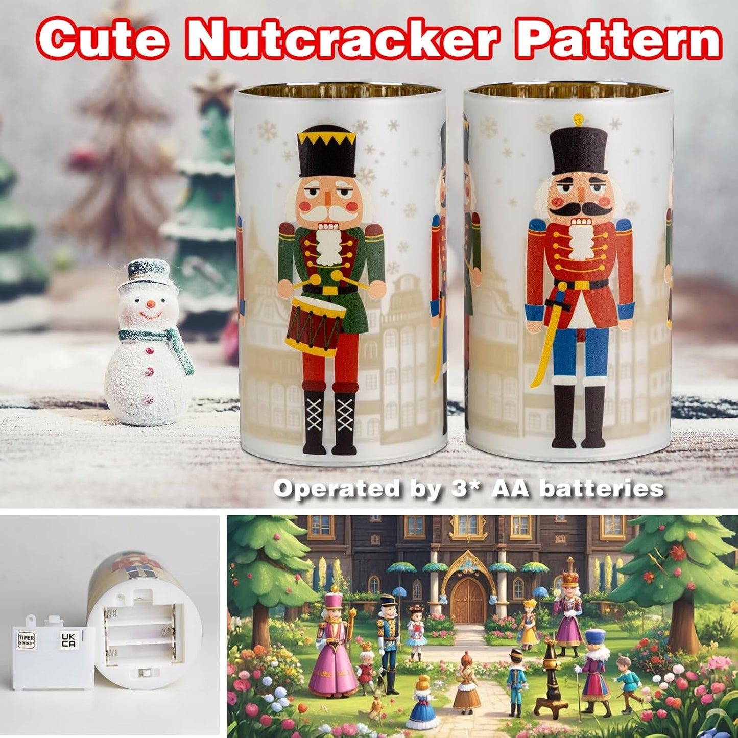 Christmas Decorations Indoor,Battery Operated Mercury Glass Latern,LED Lights Cylinder with Nutcracker Patterns,Christmas Decor for Table,Gifts for Kids (Nutcracker White)