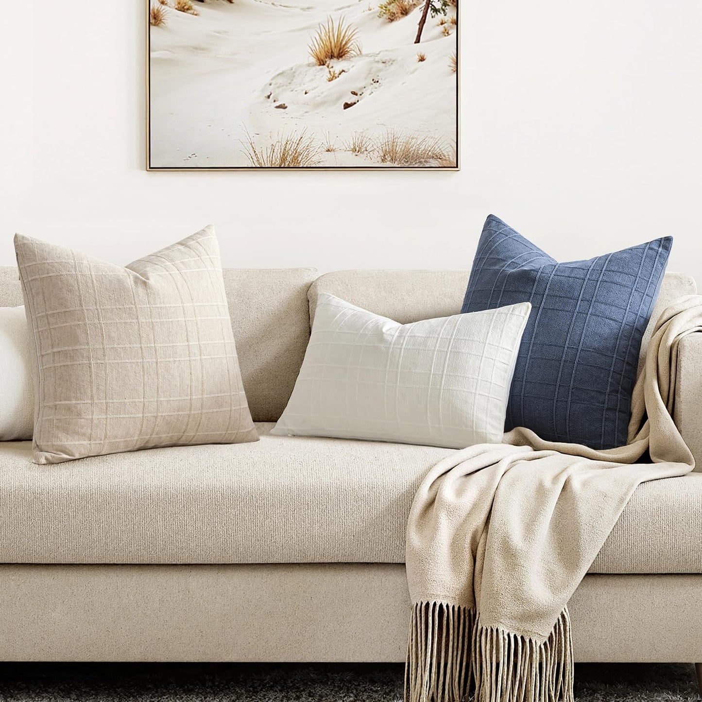 MIULEE Decorative Linen Check Throw Pillow Covers Neutral Farmhouse Vintage Christmas Pillow Covers 18x18 Set of 2 Boho Modern Home Decor for Sofa Couch Bedroom Cushion Cream White