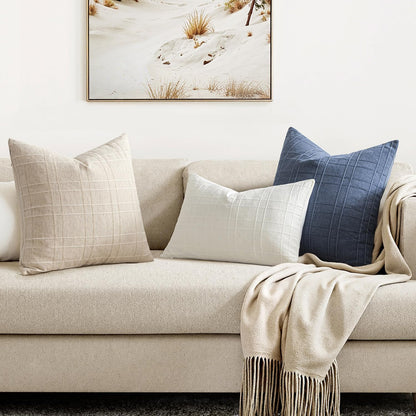 MIULEE Decorative Linen Check Throw Pillow Covers Neutral Farmhouse Vintage Christmas Pillow Covers 18x18 Set of 2 Boho Modern Home Decor for Sofa Couch Bedroom Cushion Cream White