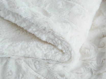 DaDa Bedding Luxury White Roses Fluffy and Cuddly Faux Fur with Sherpa Backside Fleece Cloud Throw Blanket - Super Soft Warm Plush Luxe Solid Toss for Sofa, Couch or Bed - 63" x 90"