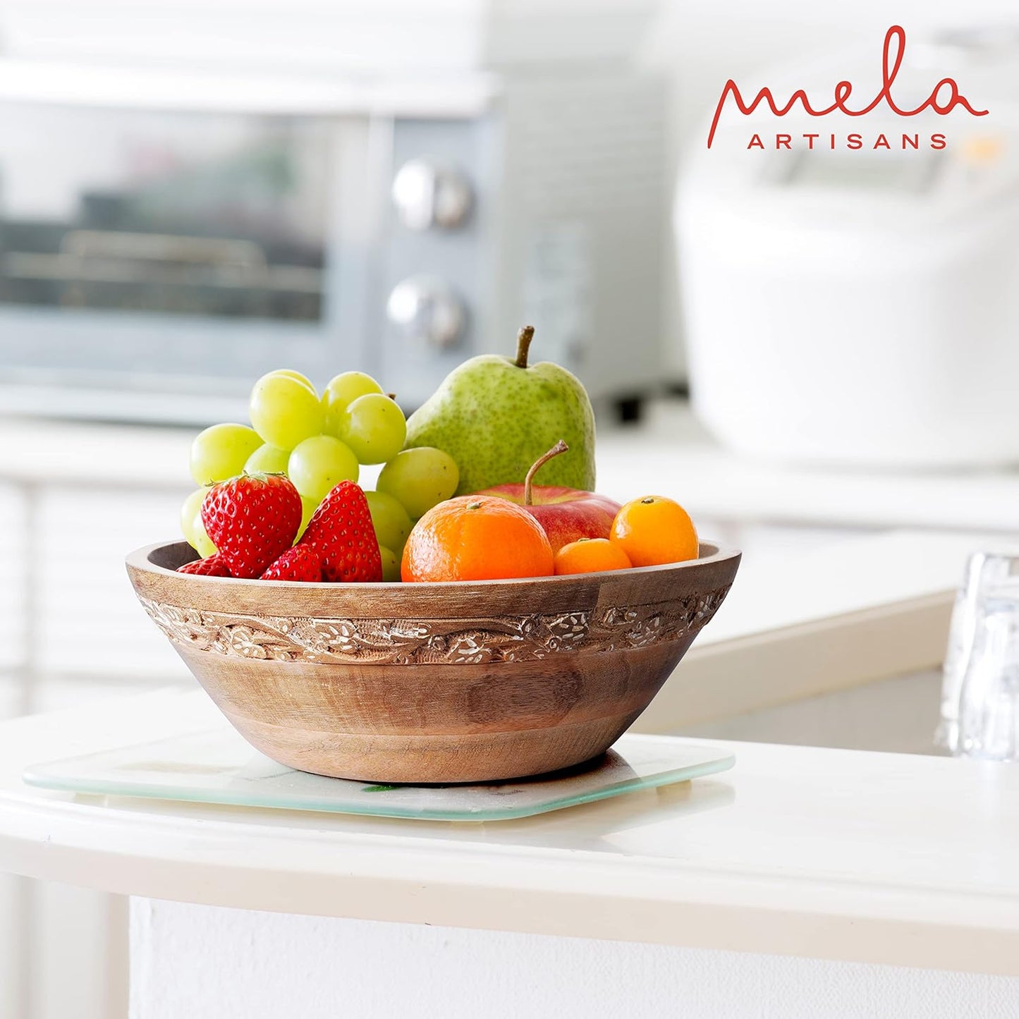 Mela Artisans Wooden Fruit Bowl – Whitewash Finish | Large 12” Mango Wood Serving Bowl with Felt Pads | Decorative bowl | Multipurpose Countertop Bowl for Breads | Salad | Fruit & More