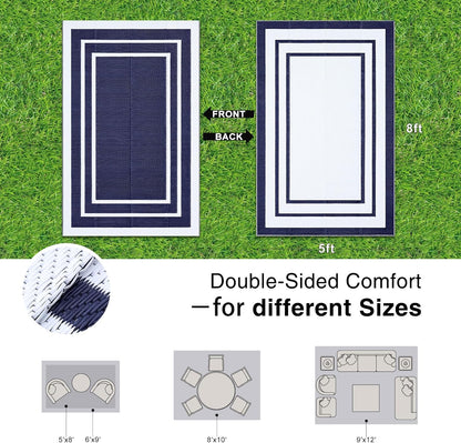 OLANLY Outdoor Rug 5x8 ft Waterproof, Reversible Outdoor Plastic Straw Rug, RV Mat, Indoor Outdoor Carpet Clearance for Patio, Camping, Balcony, Deck, Backyard, Navy & White