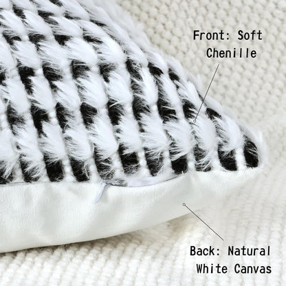 Boho Chenille Tufted Pillow Cover 12x20 Inch Set of 1, Farmhouse Striped Decorative Pillow Covers Accent Fluffy Neutral Lumbar Pillowcases for Couch Sofa Bedroom Living Room, Black White