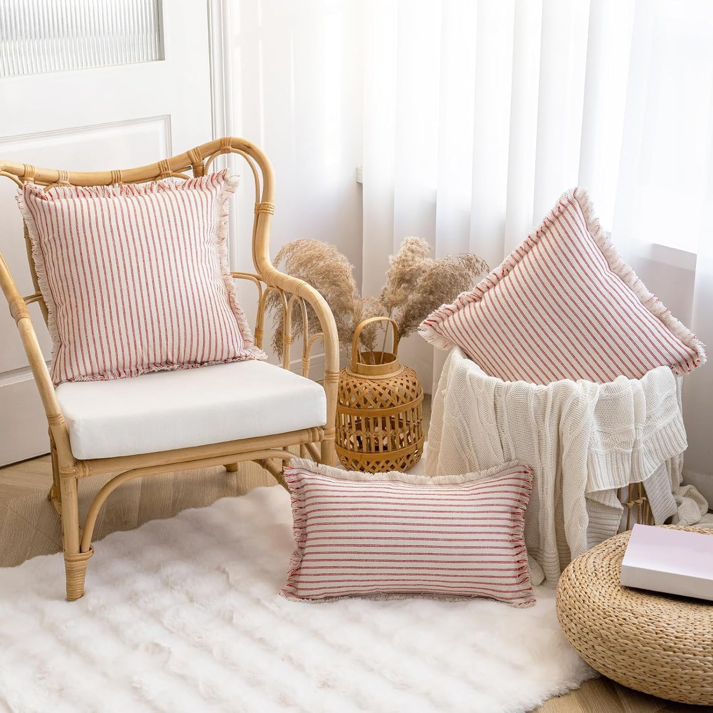 Throw Pillow Covers 18x18 Set of 2 Striped Fringe Pillow Cover Farmhouse Cushion Covers with Tassel Neutral Boho Pillows Decorative Square Pillowcase for Couch Sofa Bed, Red