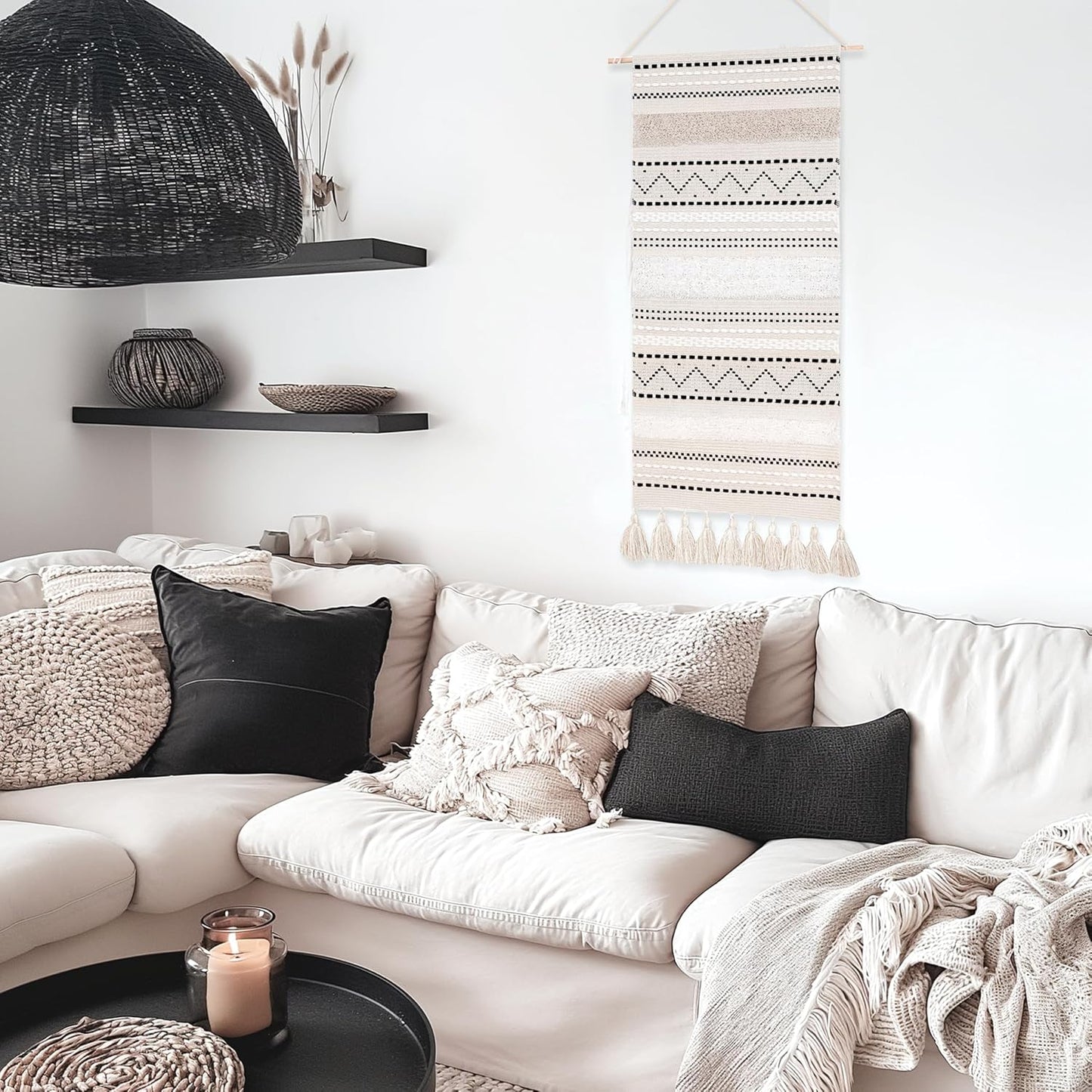 BlissBlush Long Vertical Wall Hanging Tapestry Woven Boho Farmhouse Decor Black Beige Cream Tassel Handmade Wall Art Decoration for Bedroom Living Room Dorm Nursery Apartment, 16x39 INCH