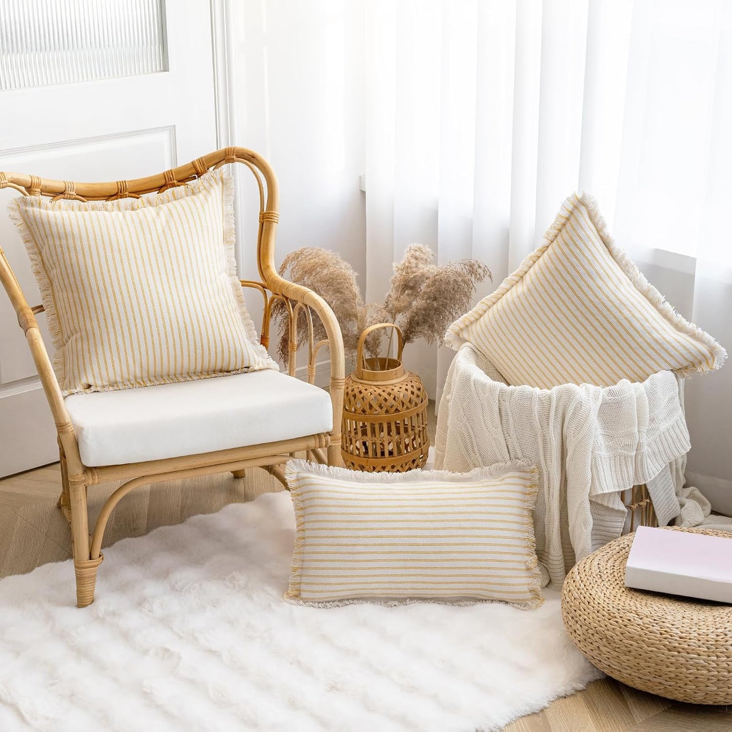 Throw Pillow Covers 22x22 Set of 2 Striped Fringe Pillow Cover Farmhouse Cushion Covers with Tassel Neutral Boho Pillows Decorative Square Pillowcase for Couch Sofa Bed, Yellow