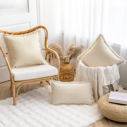 Throw Pillow Covers 22x22 Set of 2 Striped Fringe Pillow Cover Farmhouse Cushion Covers with Tassel Neutral Boho Pillows Decorative Square Pillowcase for Couch Sofa Bed, Yellow