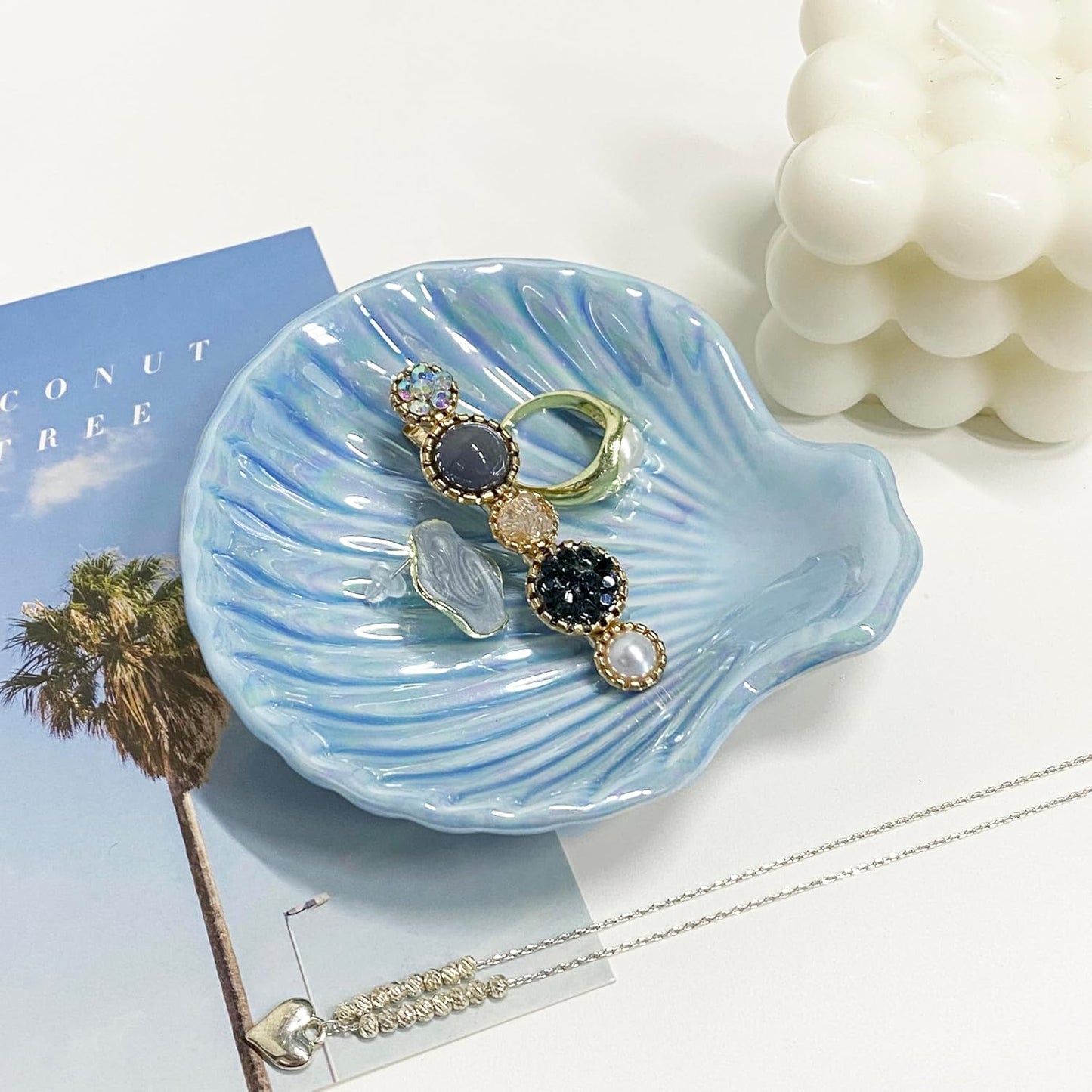 Shell Jewelry Dish Tray for Women, Ceramic Jewelry Tray, Seashell Shape Jewelry Ring Holder Dish, Jewelry Plate Trinket Dish for Necklace, Earring, Ring, Bracelet, 3.9", Sky Blue Iridescent Surface