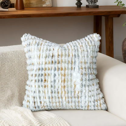 Boho Chenille Tufted Pillow Cover 18x18 Inch Set of 1, Farmhouse Striped Decorative Pillow Covers Accent Fluffy Neutral Square Pillowcases for Couch Sofa Bedroom Living Room, Gray Khaki