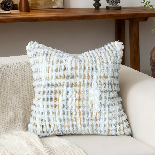 Boho Chenille Tufted Pillow Cover 18x18 Inch Set of 1, Farmhouse Striped Decorative Pillow Covers Accent Fluffy Neutral Square Pillowcases for Couch Sofa Bedroom Living Room, Gray Khaki