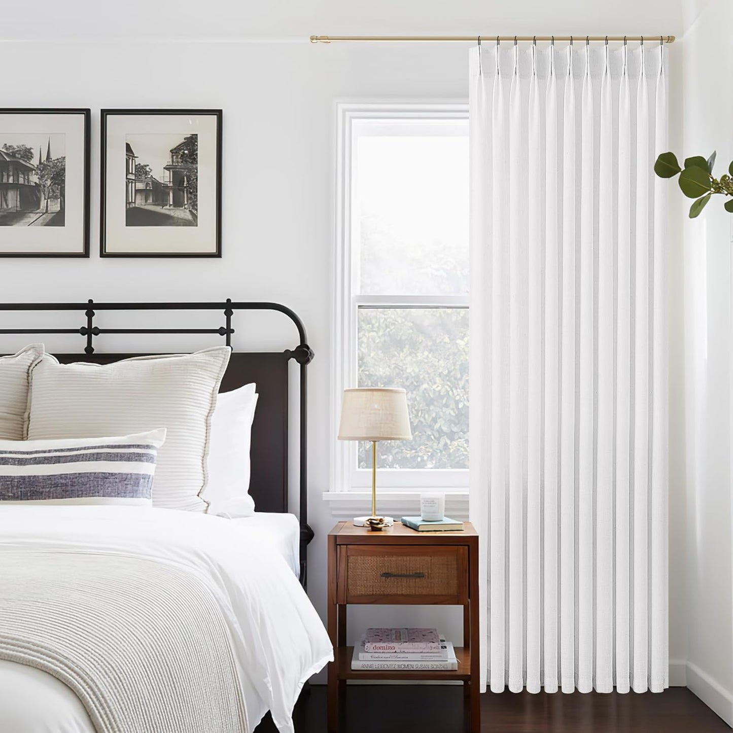 Snow White Linen Curtains Pinch Pleated 84 Inches Long for Living Room Bedroom Pleat with Hooks Rings Back Tab Semi Sheer Curtains 84 Inch Length Light Filtering Luxury Farmhouse Drape 1 Panel