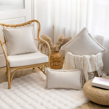 Throw Pillow Covers 26x26 Set of 2 Striped Fringe Pillow Cover Farmhouse Cushion Covers with Tassel Neutral Boho Pillows Decorative Square Pillowcase for Couch Sofa Bed, Khaki