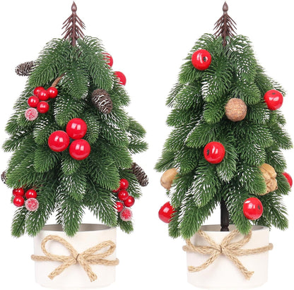 2PCS Small Christmas Tree, Artificial Red Berry Pinecone Mini Tabletop Christmas Tree Decorations, for Wedding Holiday Indoor Xmas Party Decor.