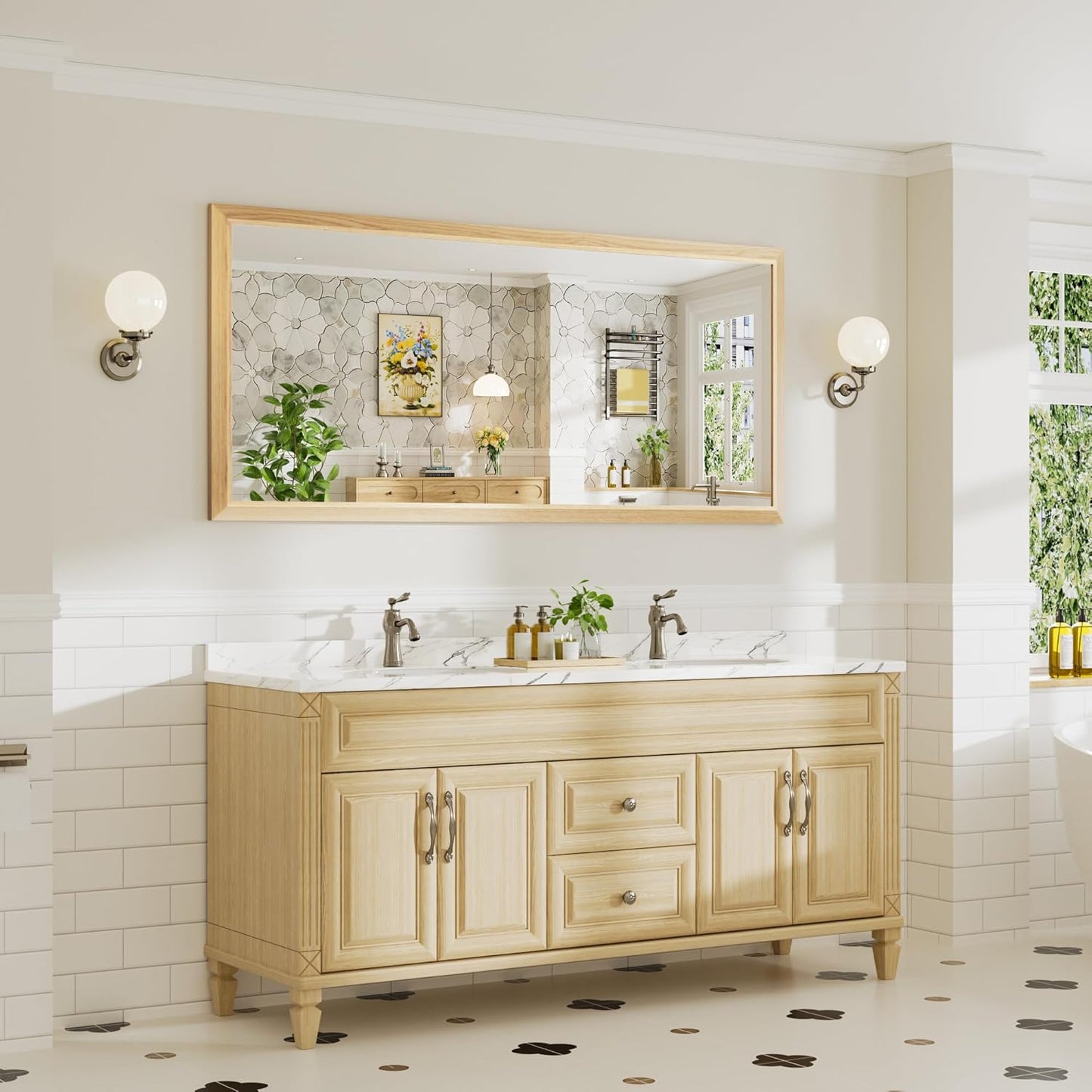 72x32 Inch Bathroom Mirror for Wall, Anti-Rust Oak Wood Grain Metal Framed Bathroom Mirrors for Over Sink,Rectangler Mirrors for Bathroom Vanity, Farmhouse, Bedroom, Living Room, Entryway Decor