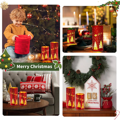 Christmas Decorations Indoor,Mercury Glass Lights with Timer,Battery Powered Fairy Light,LED Latern with Christmas Tree Deer Carvings, Lamps for Table Decor Home Centerpiece (Red)