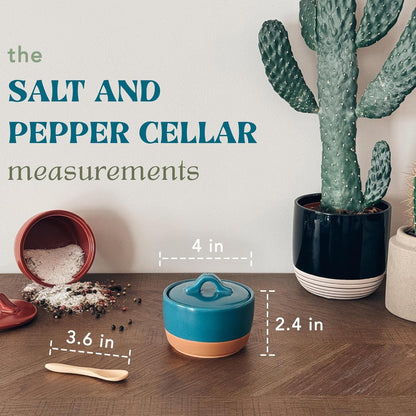 Mora Ceramic Salt and Pepper Cellar Set with Lid - 10 oz Modern Canister/Container/Bowl for Storage, Sea Salt, Spice, Sugar, Countertop - Small Dish/Jar with Wood Spoon, Azure Blue & Crimson Red Crock