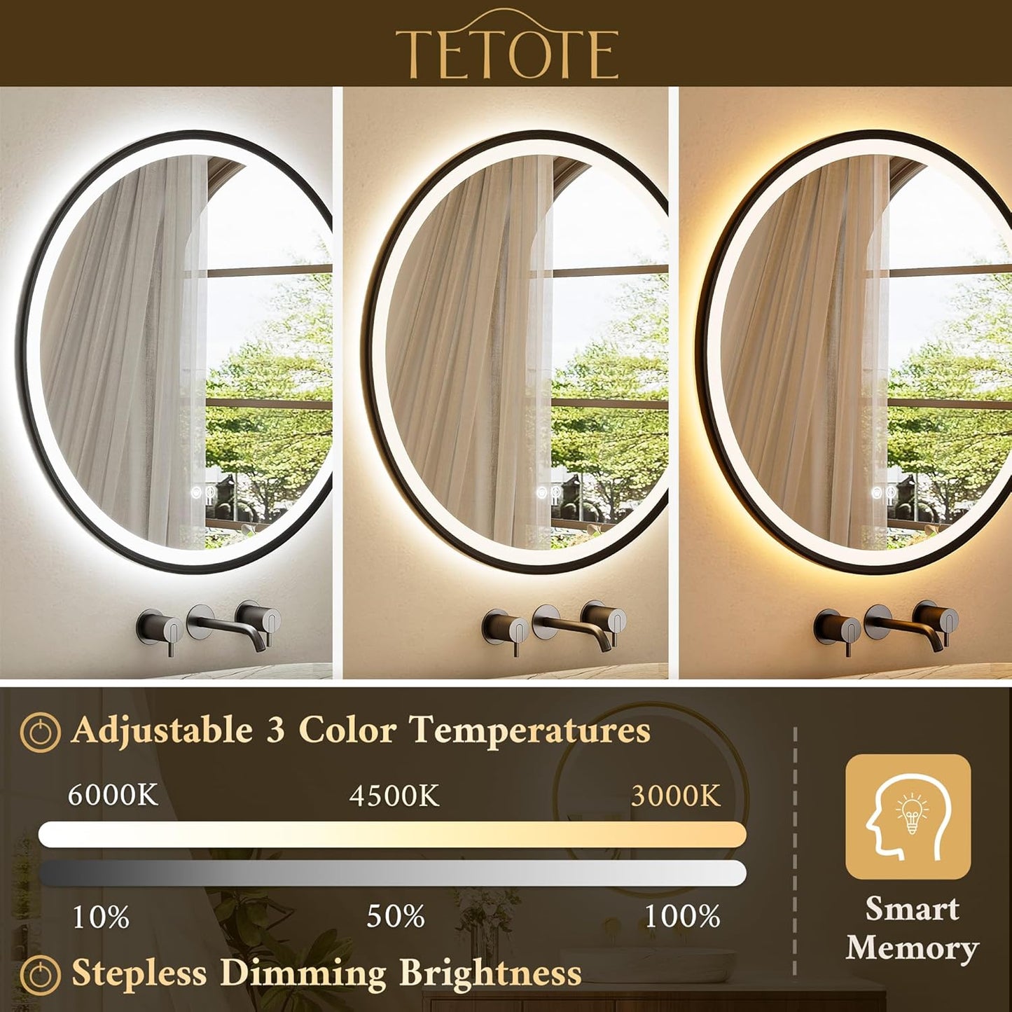 TETOTE Round Led Lighted Bathroom Mirror Matte Black Frame 30 Inch Front and Backlit Circle Round Light up Vanity Mirror with Lights, 3 Color Illuminated Dimmable Anti Fog Wall Mount, IP54 CRI 90+