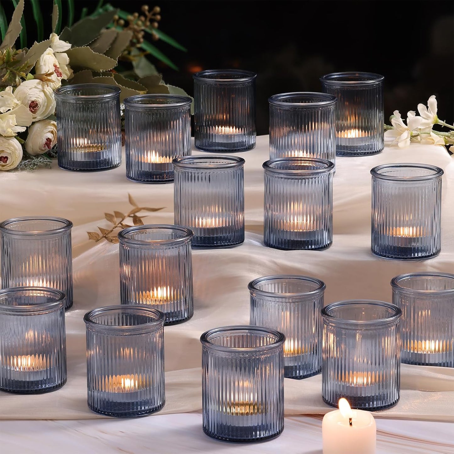 32Pcs Ribbed Blue Votive Candle Holders, Tea Light Candle Holders for Table Centerpiece, Blue Candle Holders for Wedding Decor,Home and Holiday Decor