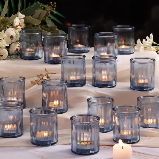 32Pcs Ribbed Blue Votive Candle Holders, Tea Light Candle Holders for Table Centerpiece, Blue Candle Holders for Wedding Decor,Home and Holiday Decor