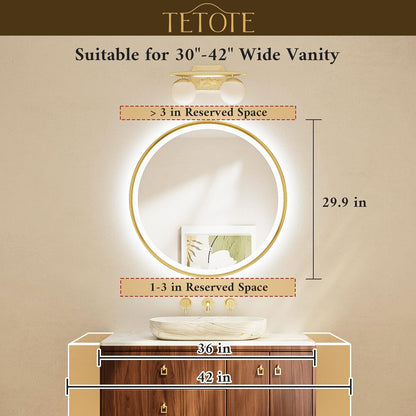 TETOTE Round Led Lighted Bathroom Mirror Matte Black Frame 30 Inch Front and Backlit Circle Round Light up Vanity Mirror with Lights, 3 Color Illuminated Dimmable Anti Fog Wall Mount, IP54 CRI 90+